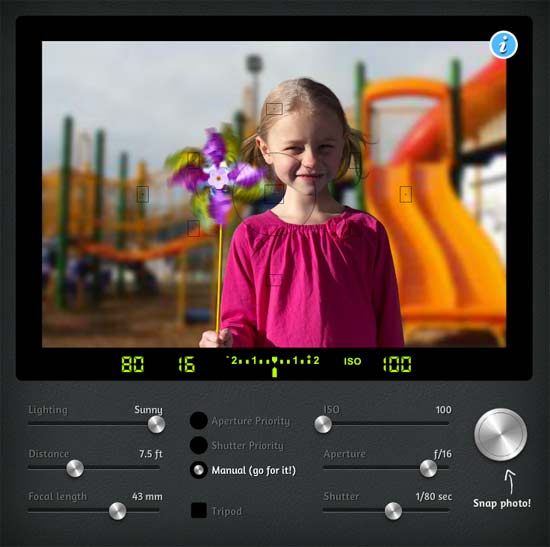 Simulador de cámara reflex con controles incluidos